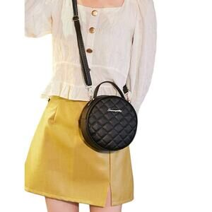 Quilted Faux Leather Top Handle Shoulder Crossbody Black Gold  Circle Handbag